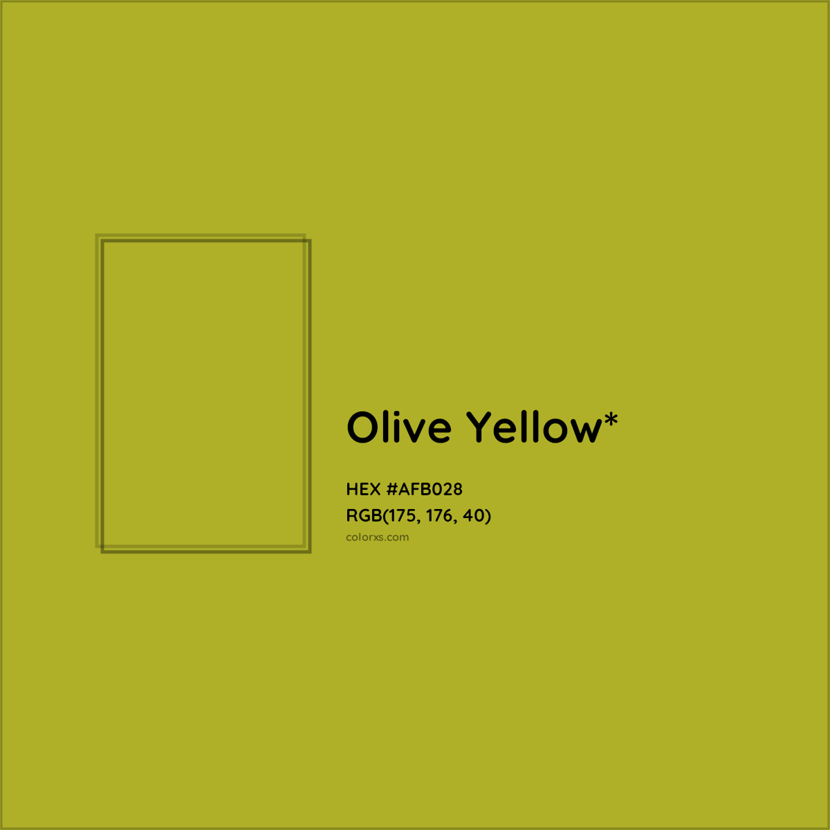 #AFB028 hex color. RGB, RYB, CMYK, HSL, HSV codes and color conversions. Matching color names, palettes, paints.