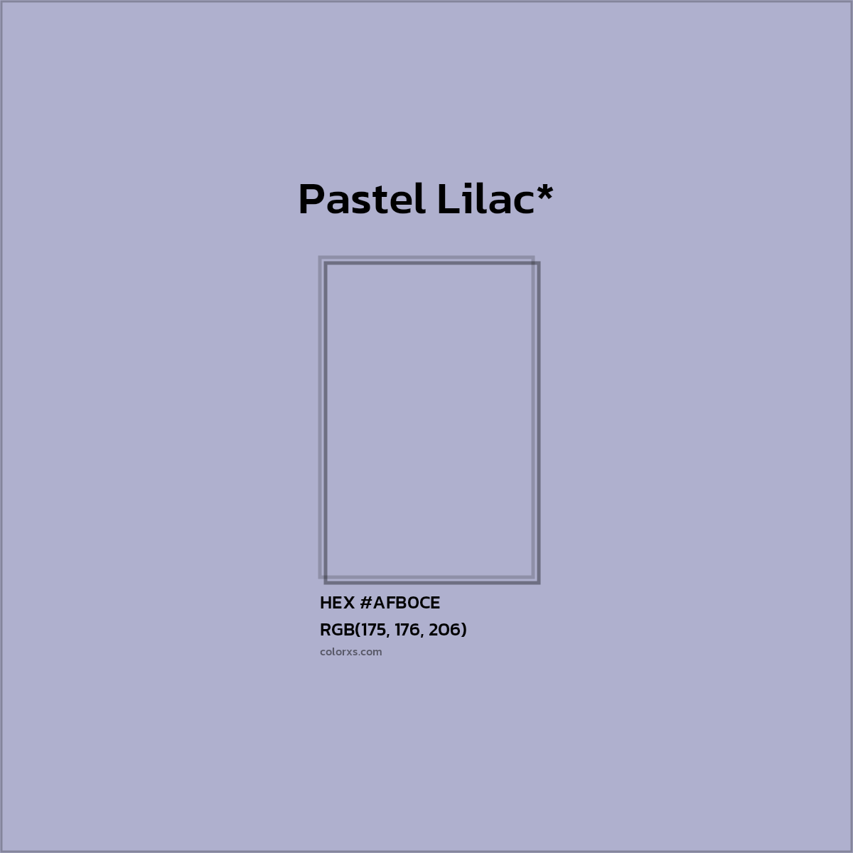 #AFB0CE hex color. RGB, RYB, CMYK, HSL, HSV codes and color conversions. Matching color names, palettes, paints.