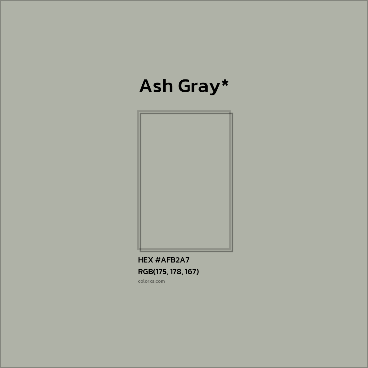 #AFB2A7 hex color. RGB, RYB, CMYK, HSL, HSV codes and color conversions. Matching color names, palettes, paints.