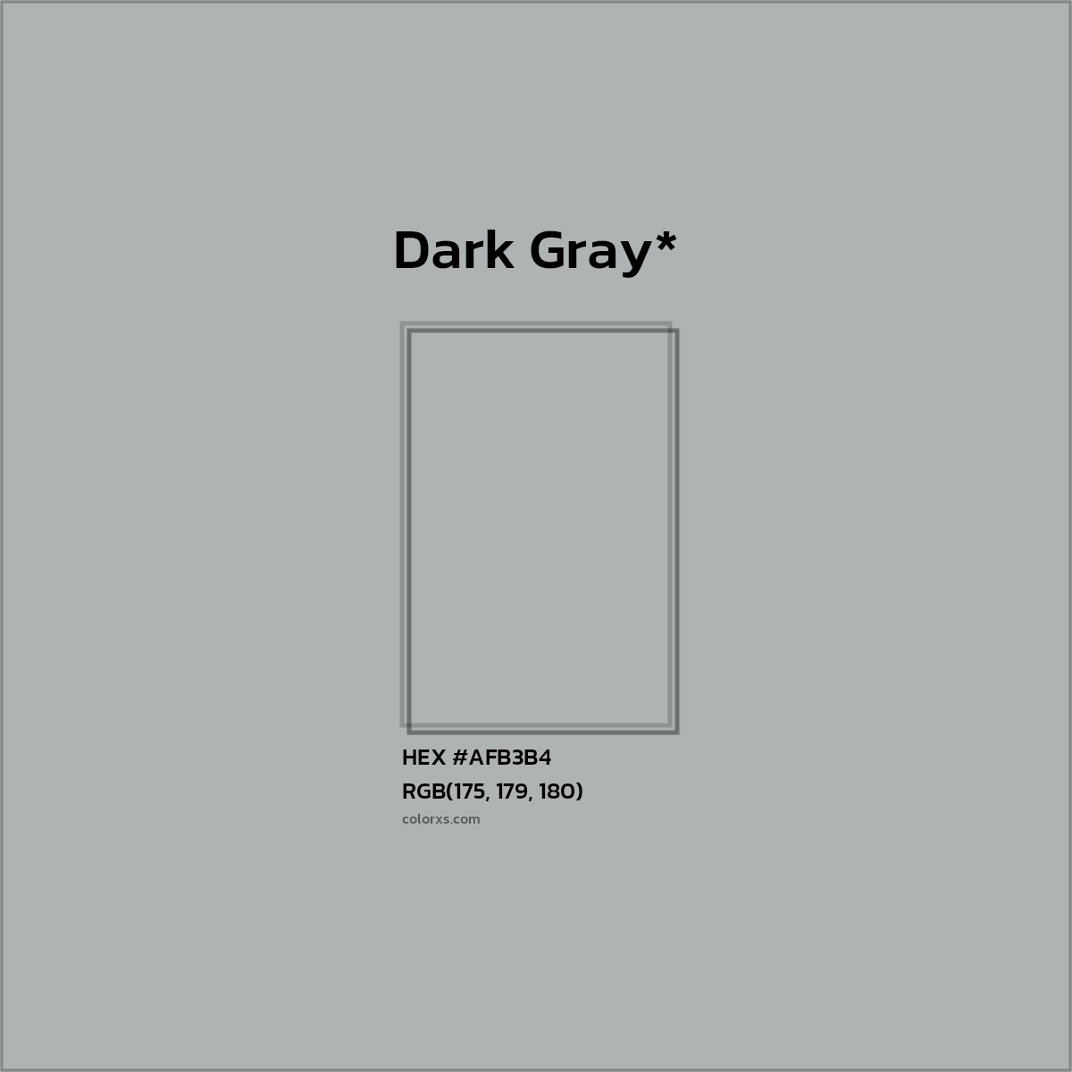 #AFB3B4 hex color. RGB, RYB, CMYK, HSL, HSV codes and color conversions. Matching color names, palettes, paints.