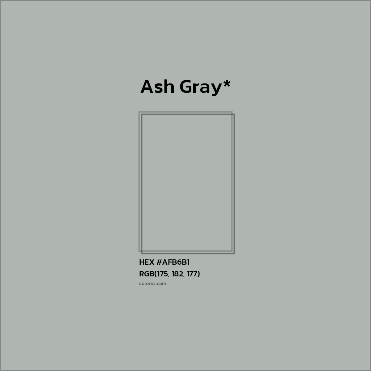 #AFB6B1 hex color. RGB, RYB, CMYK, HSL, HSV codes and color conversions. Matching color names, palettes, paints.