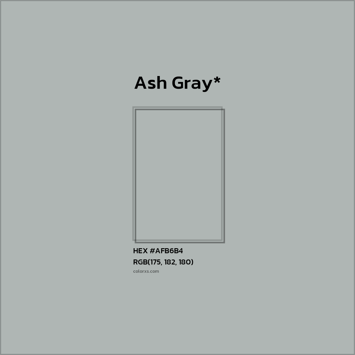 #AFB6B4 hex color. RGB, RYB, CMYK, HSL, HSV codes and color conversions. Matching color names, palettes, paints.