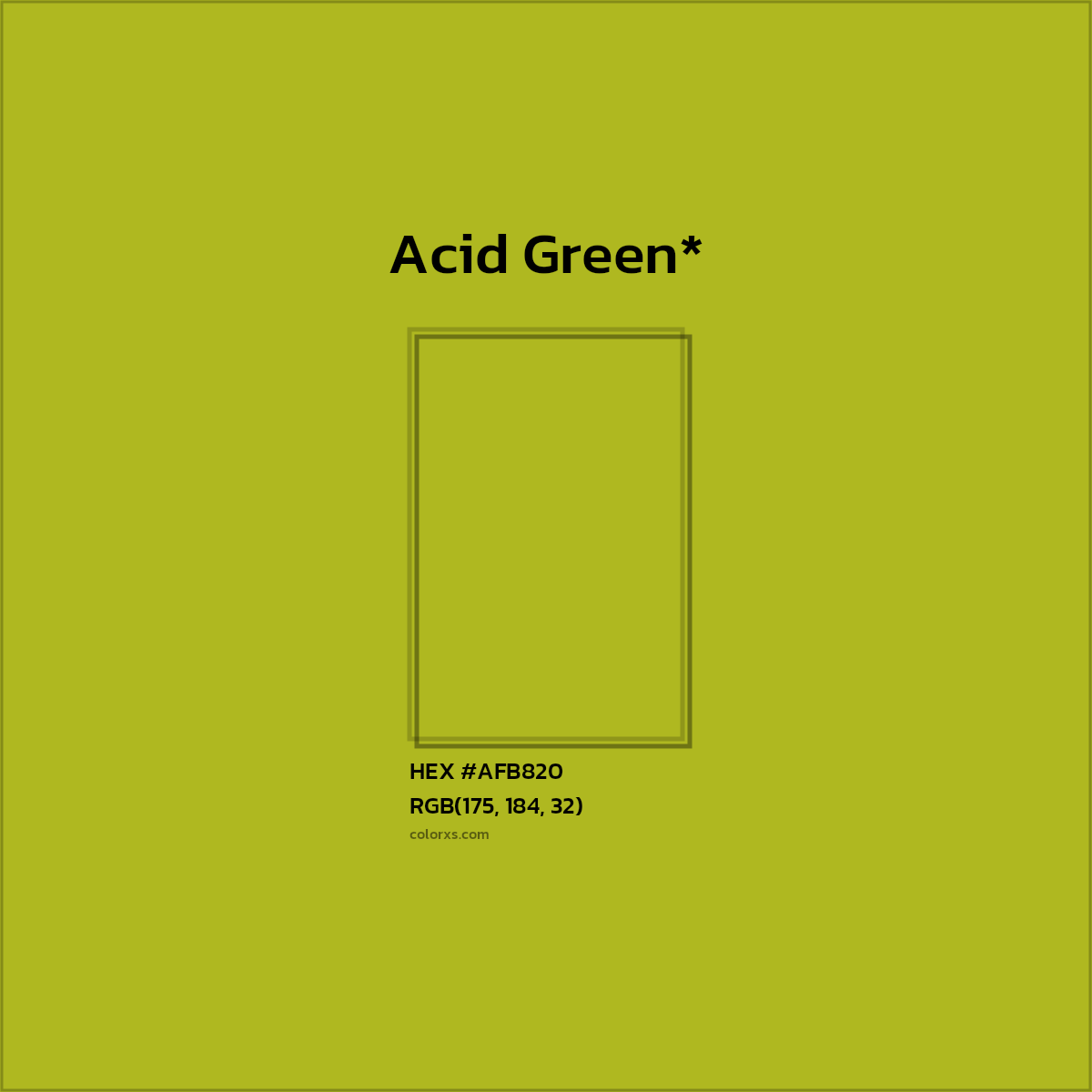 #AFB820 hex color. RGB, RYB, CMYK, HSL, HSV codes and color conversions. Matching color names, palettes, paints.