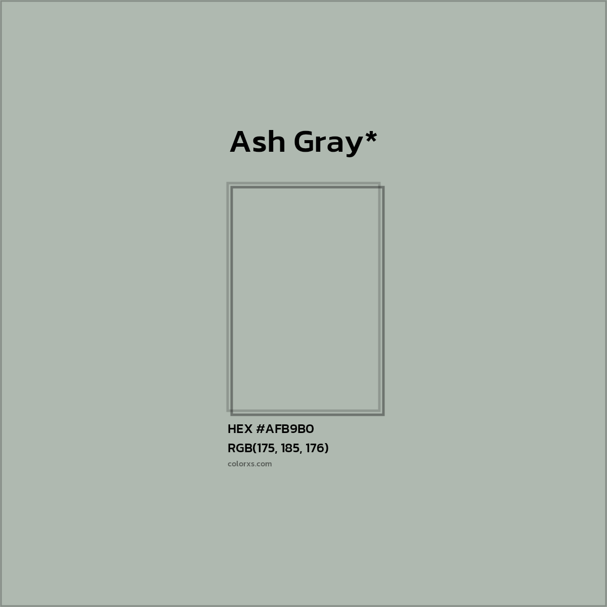 #AFB9B0 hex color. RGB, RYB, CMYK, HSL, HSV codes and color conversions. Matching color names, palettes, paints.