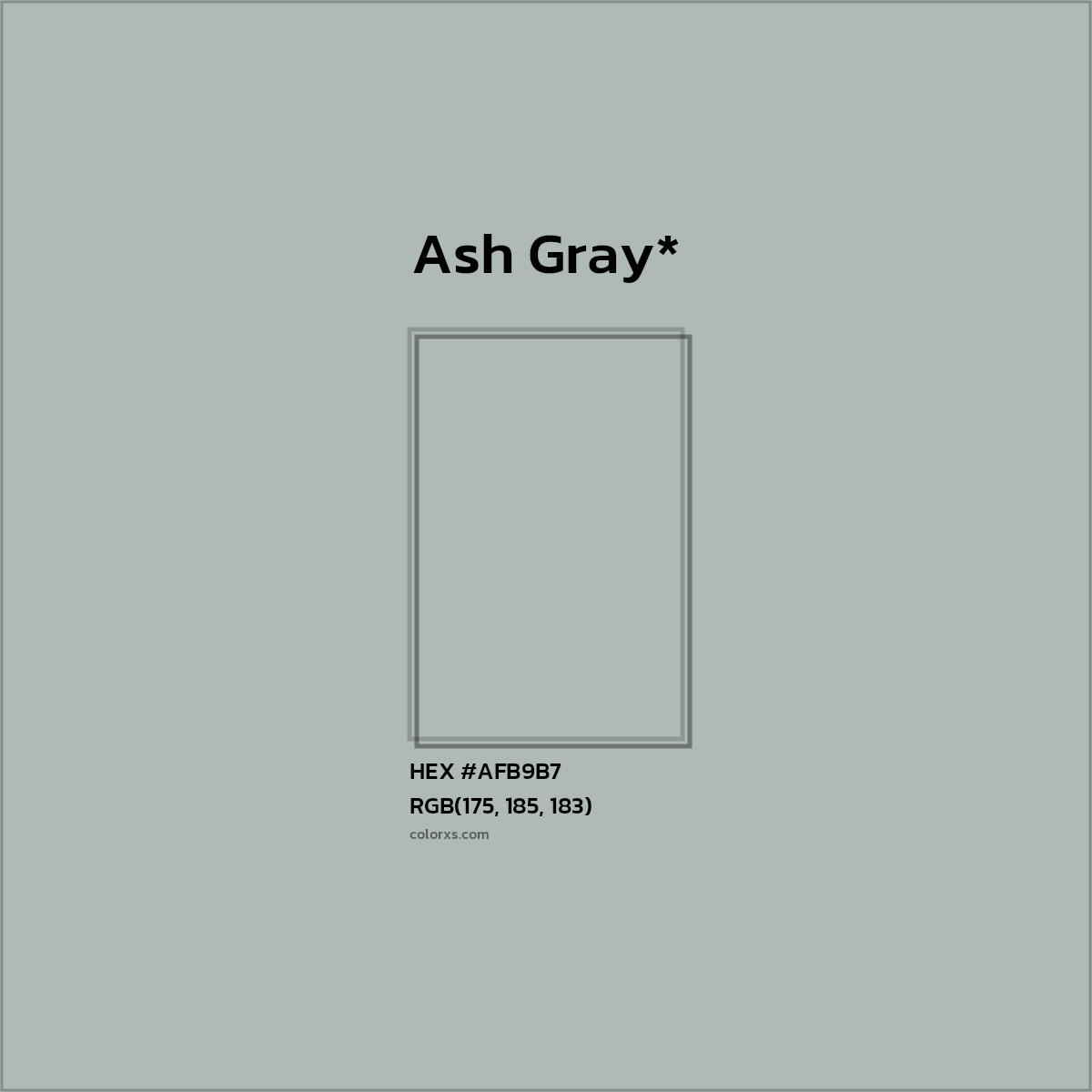 #AFB9B7 hex color. RGB, RYB, CMYK, HSL, HSV codes and color conversions. Matching color names, palettes, paints.