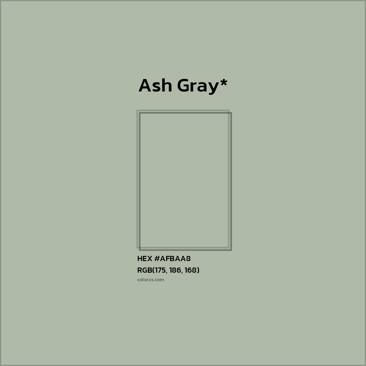 #AFBAA8 hex color. RGB, RYB, CMYK, HSL, HSV codes and color conversions. Matching color names, palettes, paints.
