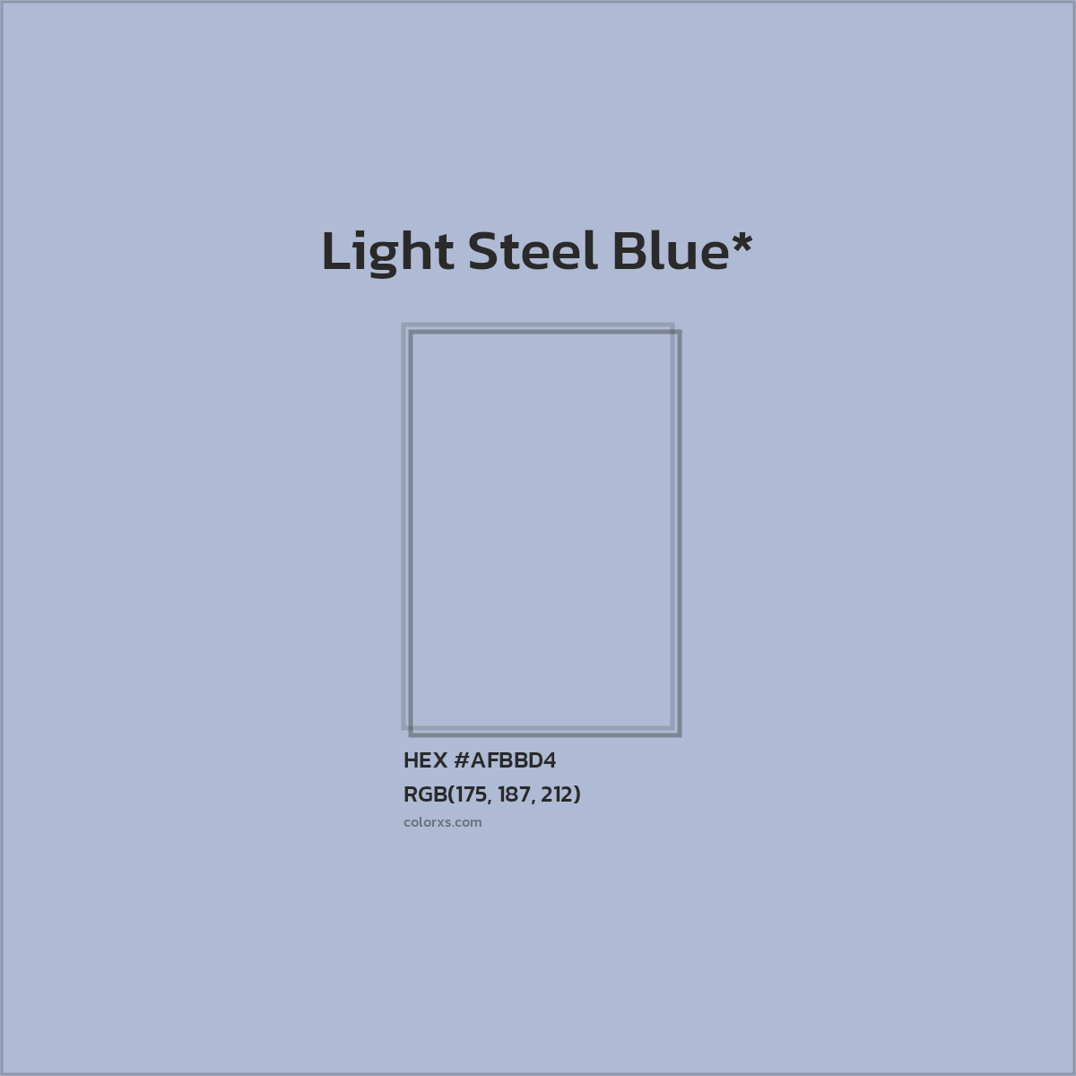 #AFBBD4 hex color. RGB, RYB, CMYK, HSL, HSV codes and color conversions. Matching color names, palettes, paints.