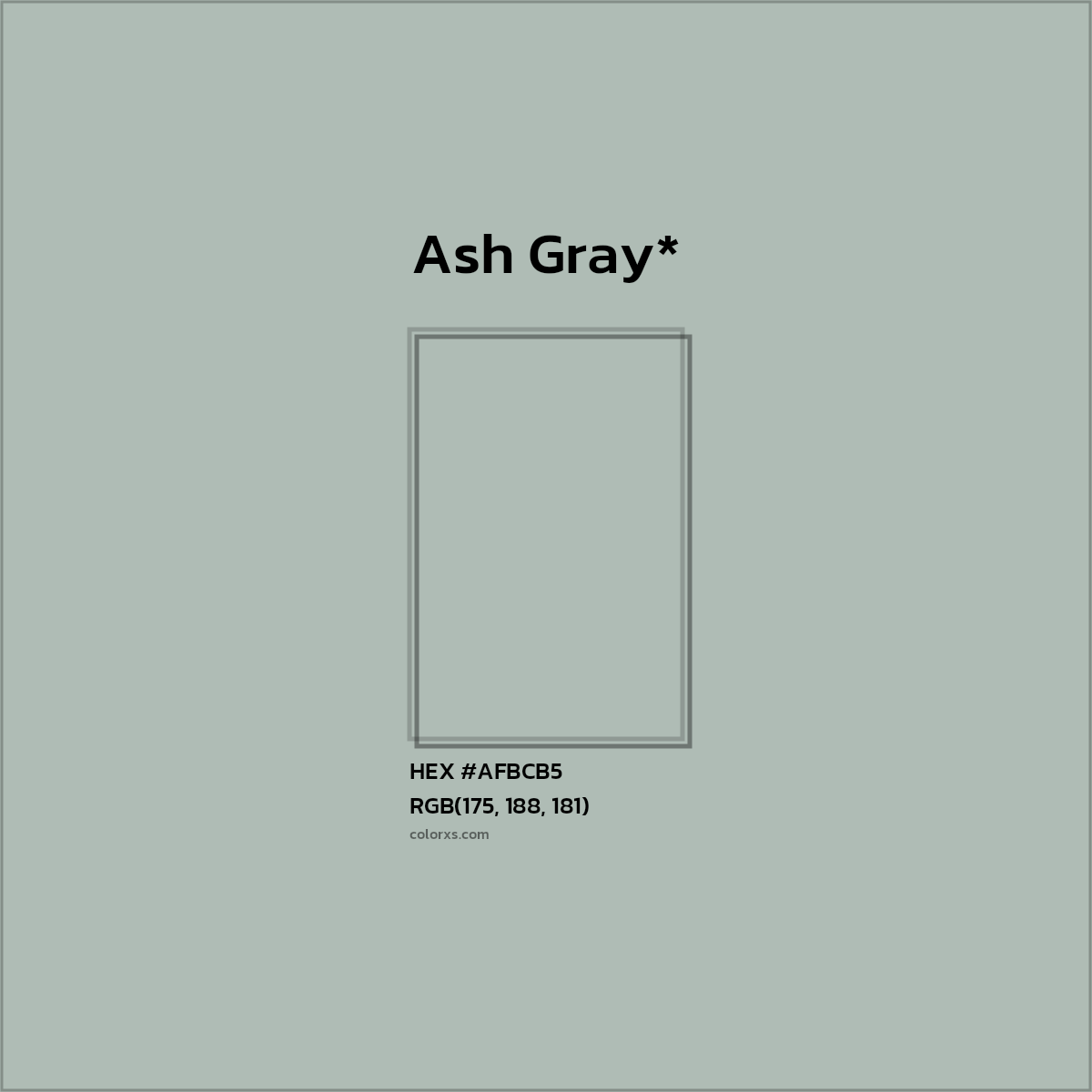 #AFBCB5 hex color. RGB, RYB, CMYK, HSL, HSV codes and color conversions. Matching color names, palettes, paints.