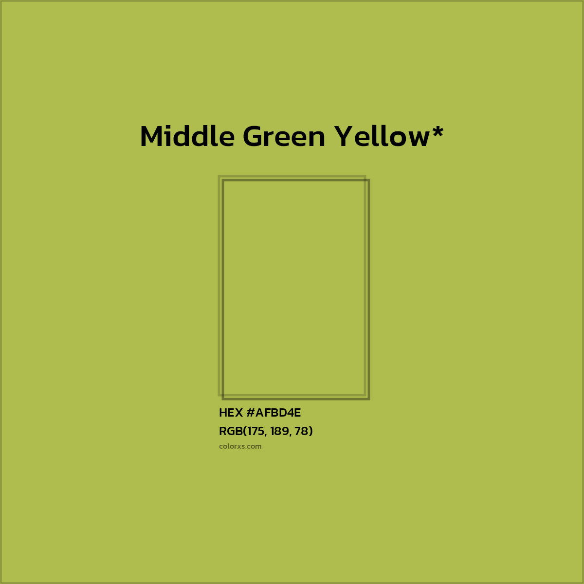 #AFBD4E hex color. RGB, RYB, CMYK, HSL, HSV codes and color conversions. Matching color names, palettes, paints.
