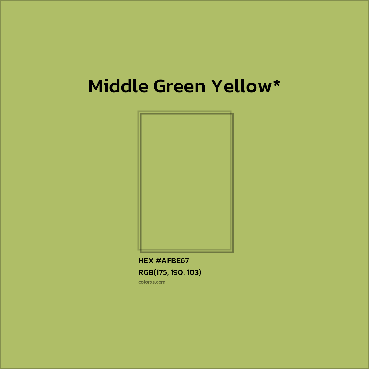 #AFBE67 hex color. RGB, RYB, CMYK, HSL, HSV codes and color conversions. Matching color names, palettes, paints.
