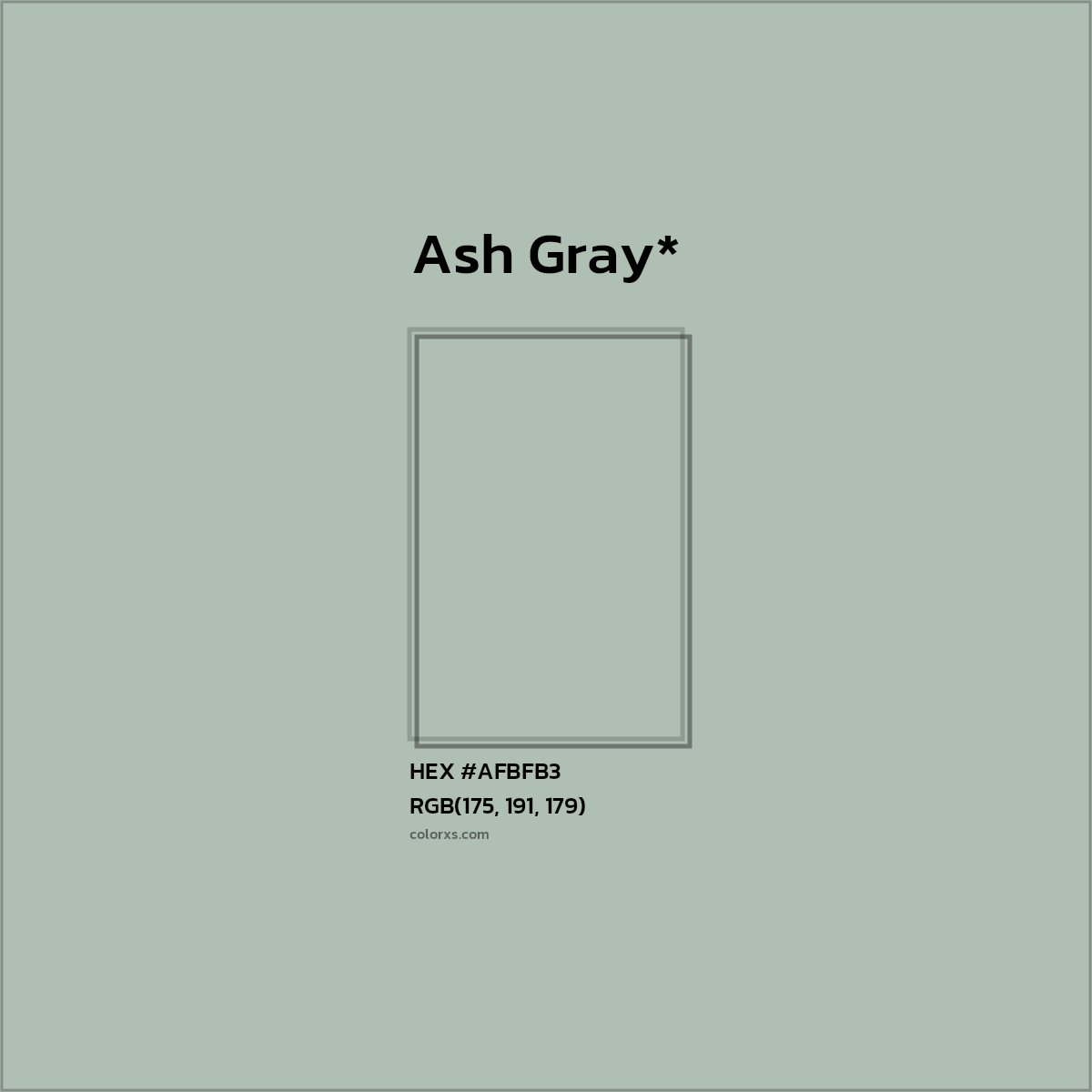 #AFBFB3 hex color. RGB, RYB, CMYK, HSL, HSV codes and color conversions. Matching color names, palettes, paints.