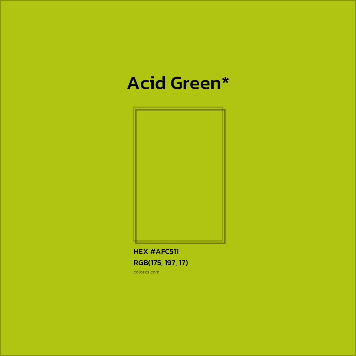 #AFC511 hex color. RGB, RYB, CMYK, HSL, HSV codes and color conversions. Matching color names, palettes, paints.