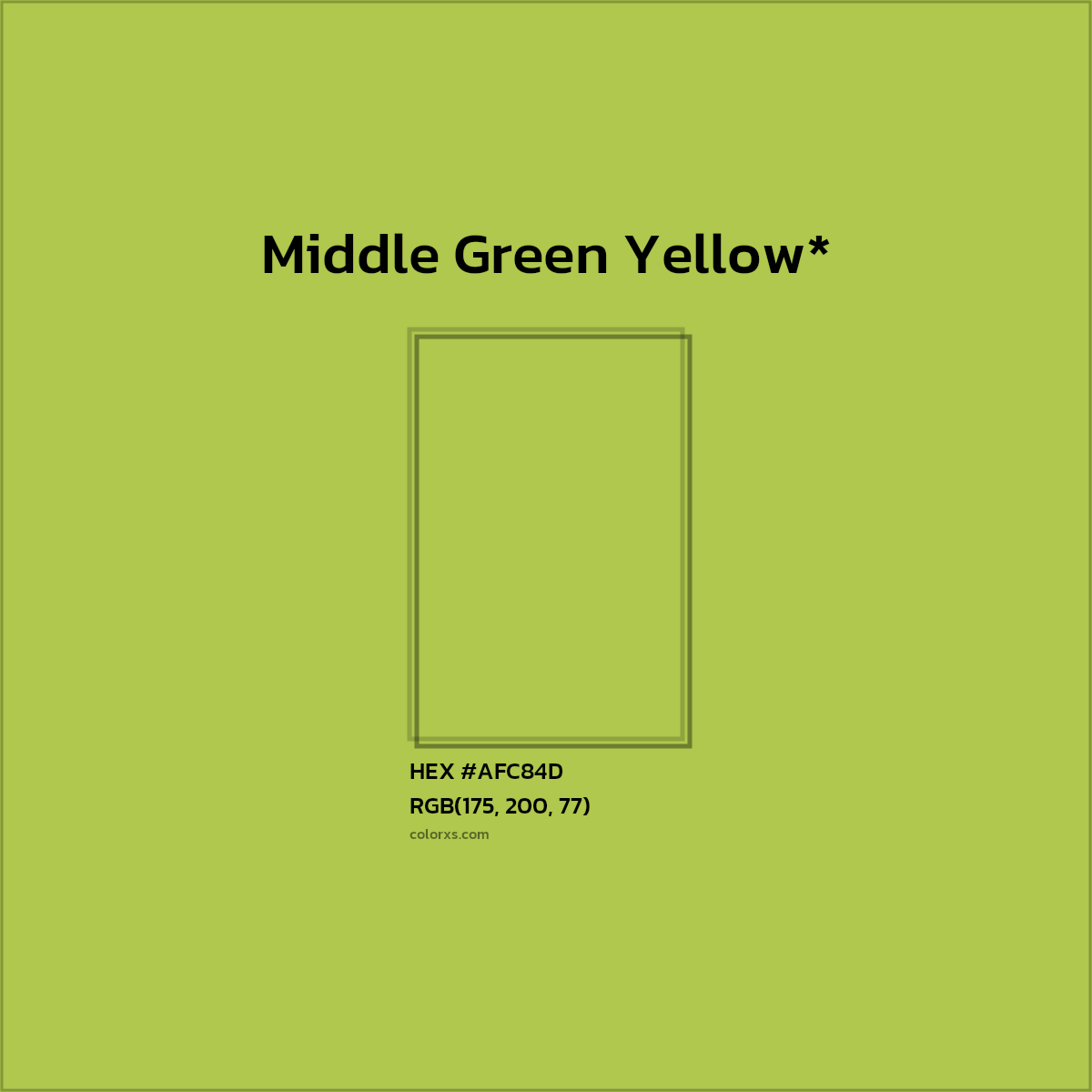 #AFC84D hex color. RGB, RYB, CMYK, HSL, HSV codes and color conversions. Matching color names, palettes, paints.