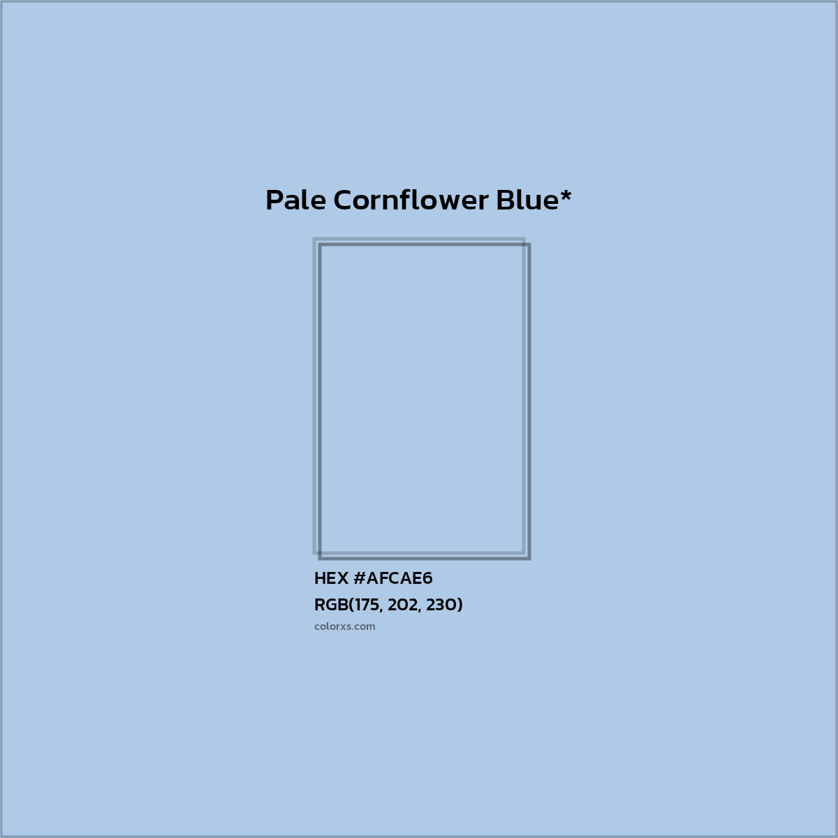 #AFCAE6 hex color. RGB, RYB, CMYK, HSL, HSV codes and color conversions. Matching color names, palettes, paints.