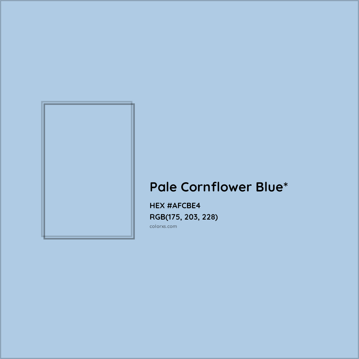#AFCBE4 hex color. RGB, RYB, CMYK, HSL, HSV codes and color conversions. Matching color names, palettes, paints.