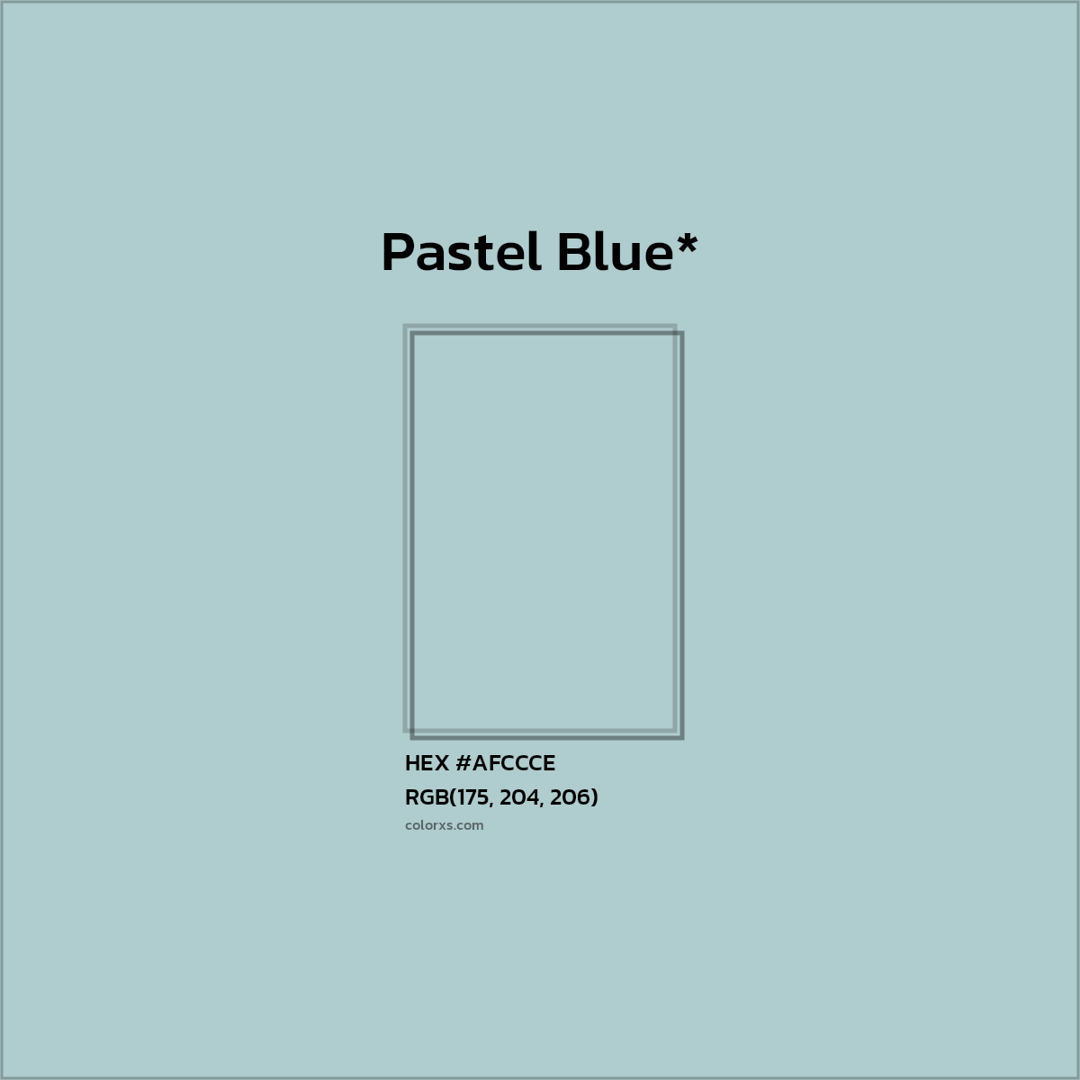 #AFCCCE hex color. RGB, RYB, CMYK, HSL, HSV codes and color conversions. Matching color names, palettes, paints.