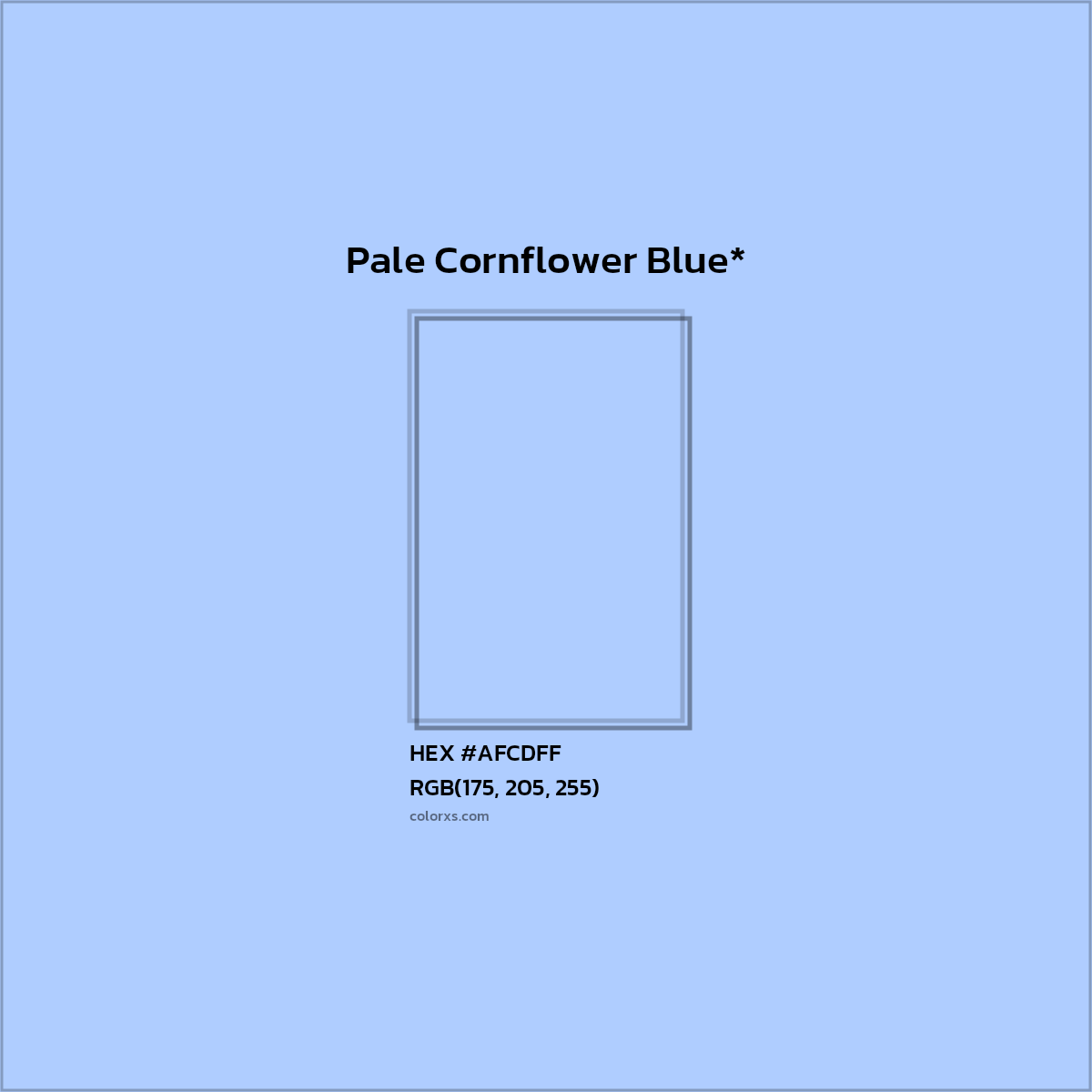 #AFCDFF hex color. RGB, RYB, CMYK, HSL, HSV codes and color conversions. Matching color names, palettes, paints.