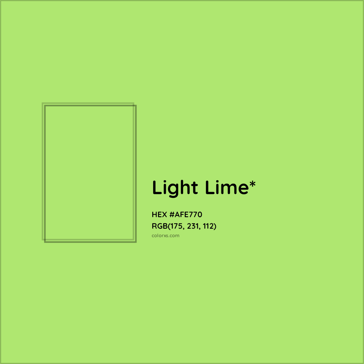 #AFE770 hex color. RGB, RYB, CMYK, HSL, HSV codes and color conversions. Matching color names, palettes, paints.