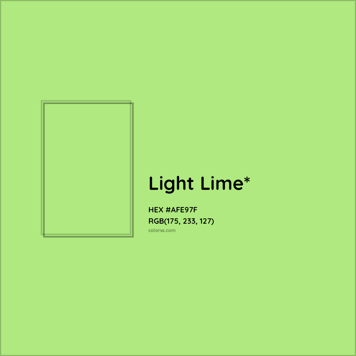#AFE97F hex color. RGB, RYB, CMYK, HSL, HSV codes and color conversions. Matching color names, palettes, paints.