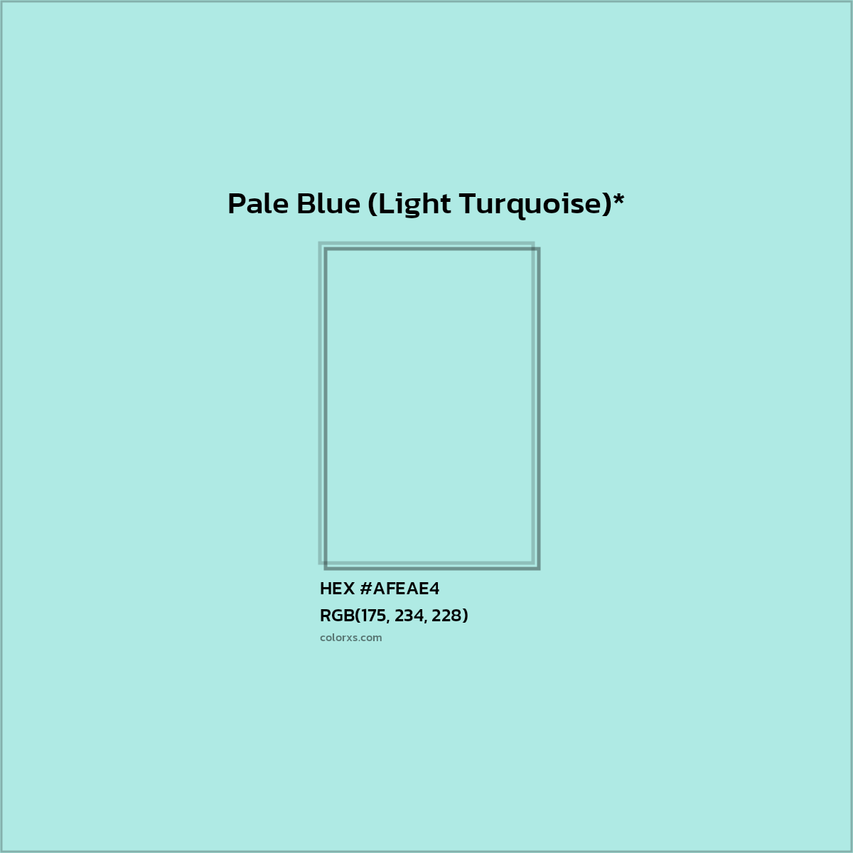 #AFEAE4 hex color. RGB, RYB, CMYK, HSL, HSV codes and color conversions. Matching color names, palettes, paints.