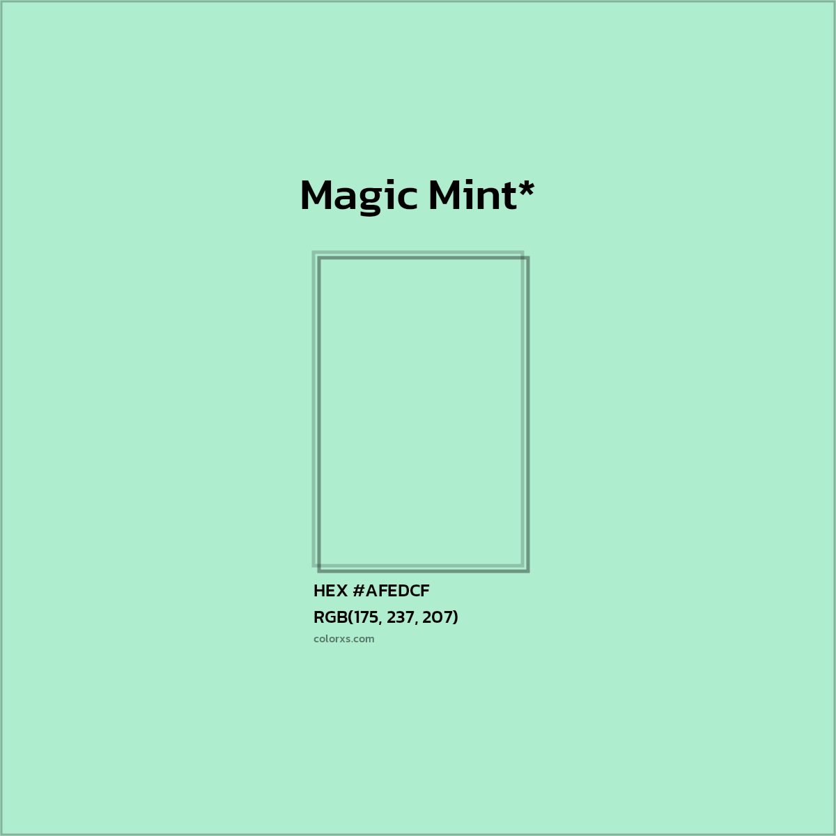 #AFEDCF hex color. RGB, RYB, CMYK, HSL, HSV codes and color conversions. Matching color names, palettes, paints.