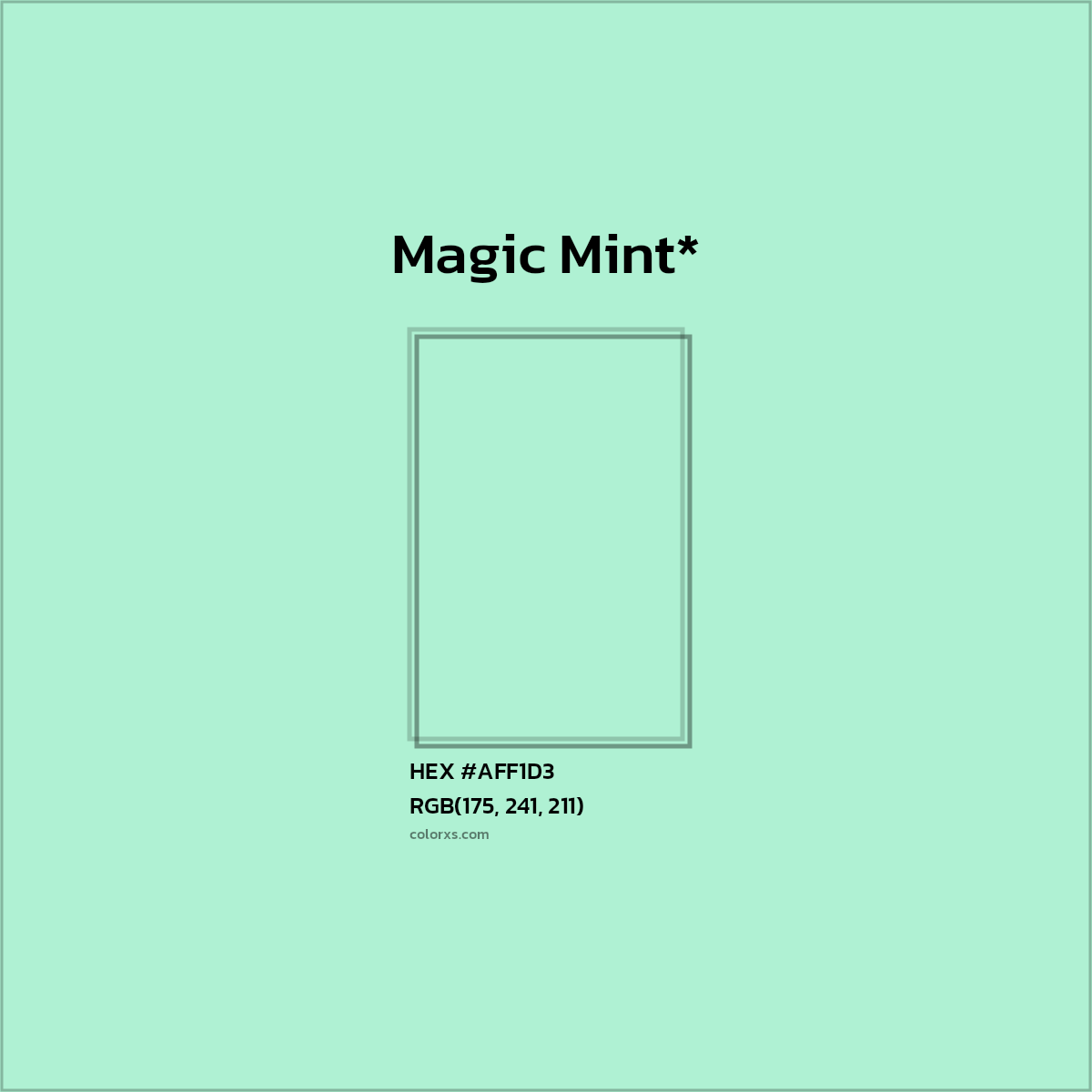 #AFF1D3 hex color. RGB, RYB, CMYK, HSL, HSV codes and color conversions. Matching color names, palettes, paints.