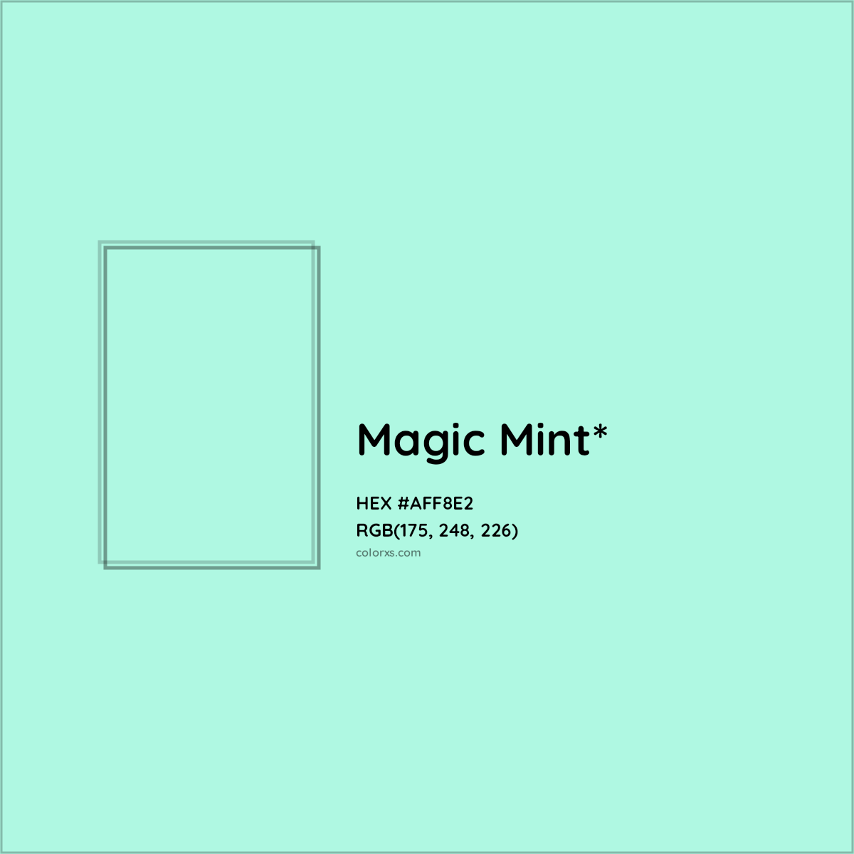 #AFF8E2 hex color. RGB, RYB, CMYK, HSL, HSV codes and color conversions. Matching color names, palettes, paints.