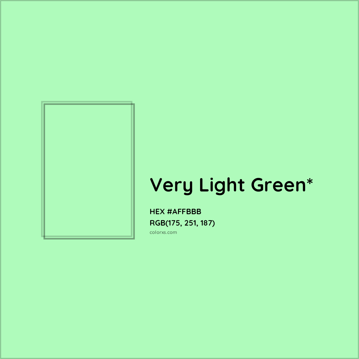 #AFFBBB hex color. RGB, RYB, CMYK, HSL, HSV codes and color conversions. Matching color names, palettes, paints.