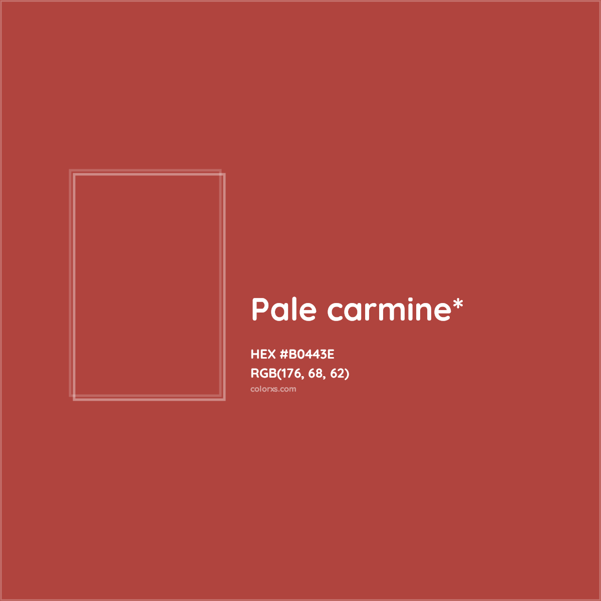 #B0443E hex color. RGB, RYB, CMYK, HSL, HSV codes and color conversions. Matching color names, palettes, paints.