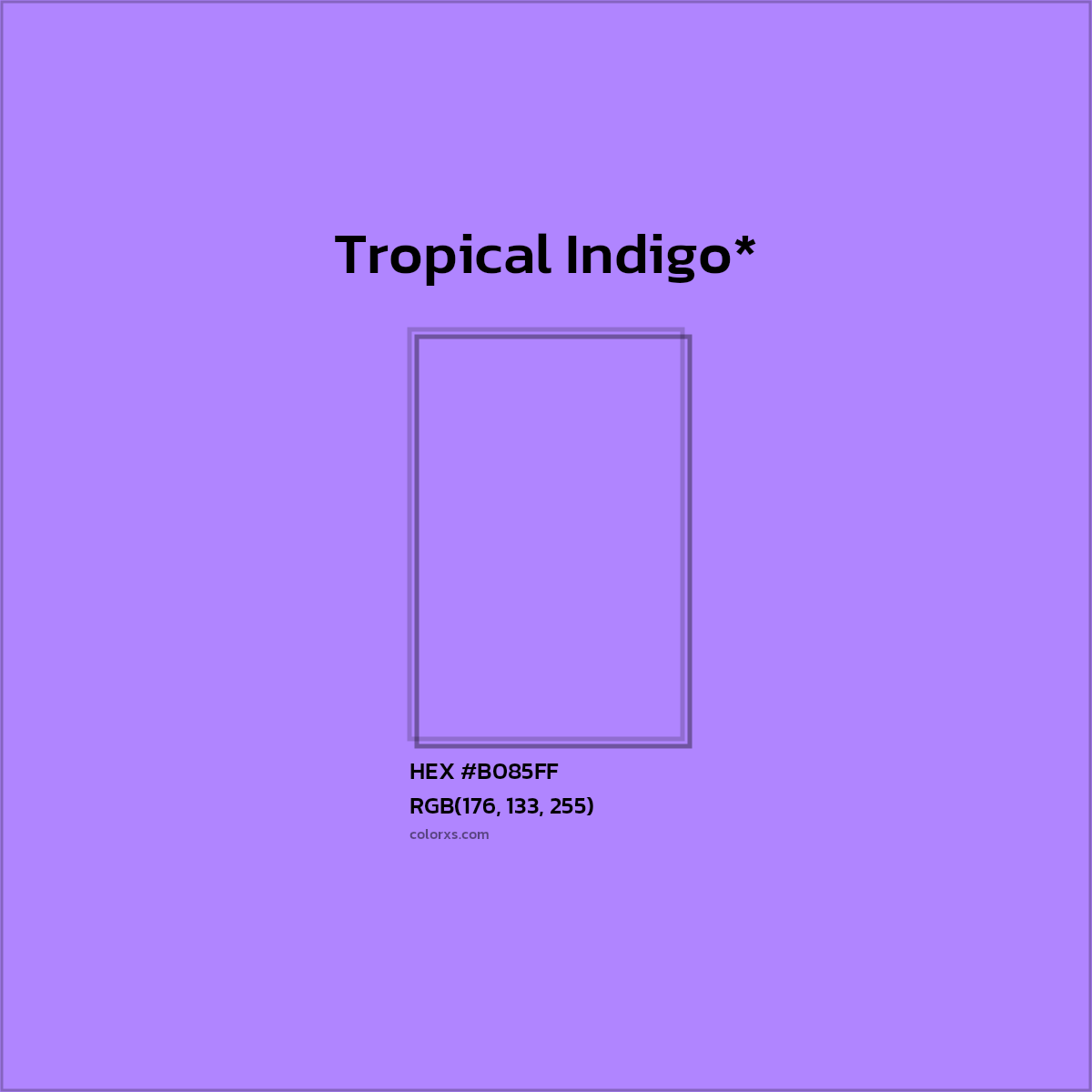 #B085FF hex color. RGB, RYB, CMYK, HSL, HSV codes and color conversions. Matching color names, palettes, paints.