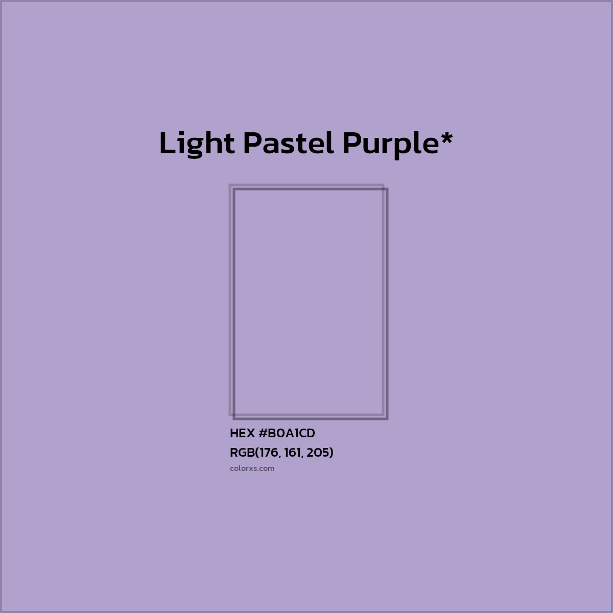 #B0A1CD hex color. RGB, RYB, CMYK, HSL, HSV codes and color conversions. Matching color names, palettes, paints.