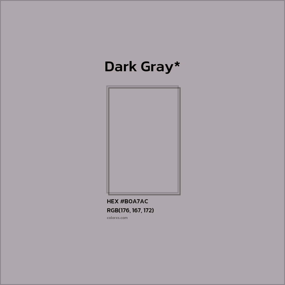 #B0A7AC hex color. RGB, RYB, CMYK, HSL, HSV codes and color conversions. Matching color names, palettes, paints.