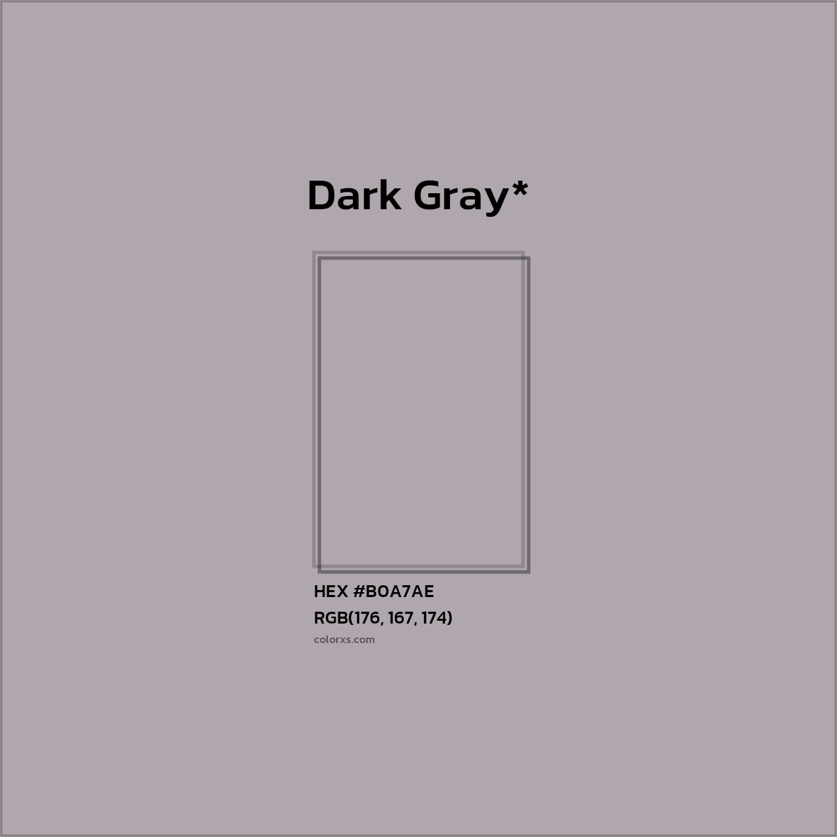 #B0A7AE hex color. RGB, RYB, CMYK, HSL, HSV codes and color conversions. Matching color names, palettes, paints.