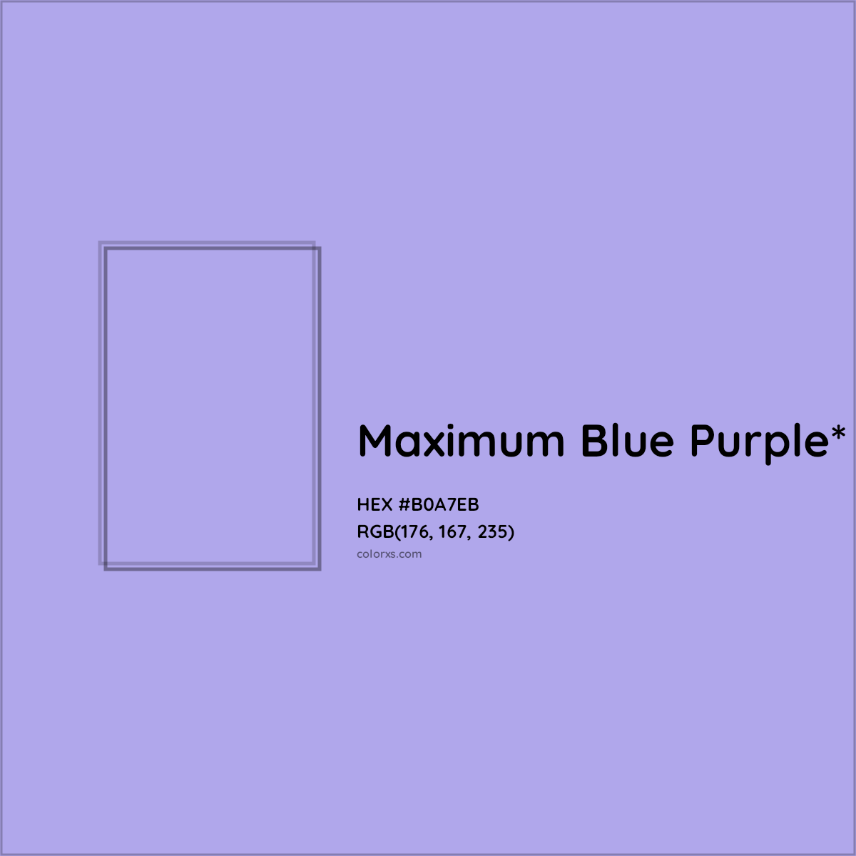 #B0A7EB hex color. RGB, RYB, CMYK, HSL, HSV codes and color conversions. Matching color names, palettes, paints.