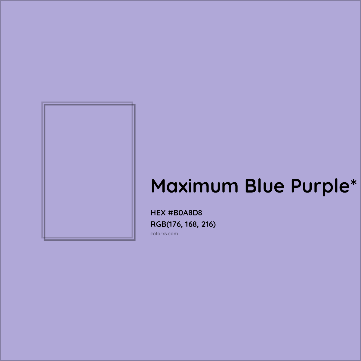 #B0A8D8 hex color. RGB, RYB, CMYK, HSL, HSV codes and color conversions. Matching color names, palettes, paints.
