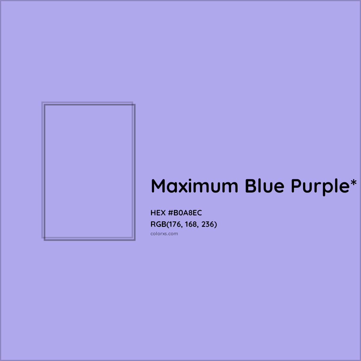 #B0A8EC hex color. RGB, RYB, CMYK, HSL, HSV codes and color conversions. Matching color names, palettes, paints.