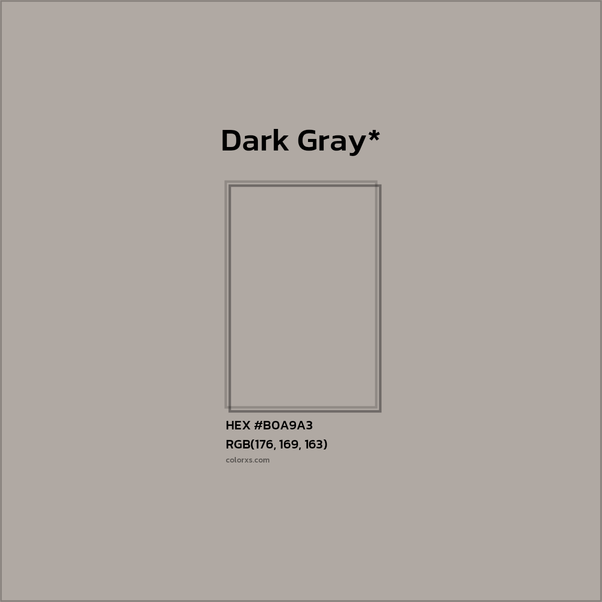 #B0A9A3 hex color. RGB, RYB, CMYK, HSL, HSV codes and color conversions. Matching color names, palettes, paints.