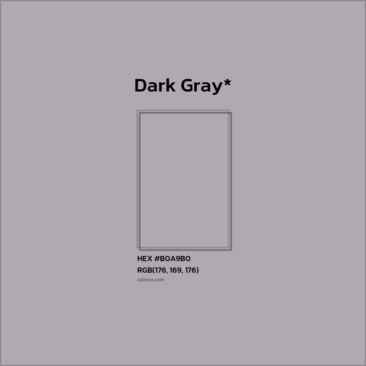 #B0A9B0 hex color. RGB, RYB, CMYK, HSL, HSV codes and color conversions. Matching color names, palettes, paints.