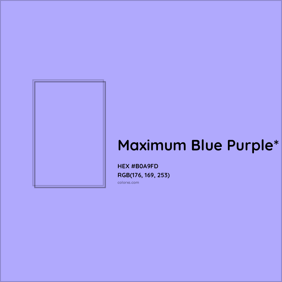 #B0A9FD hex color. RGB, RYB, CMYK, HSL, HSV codes and color conversions. Matching color names, palettes, paints.