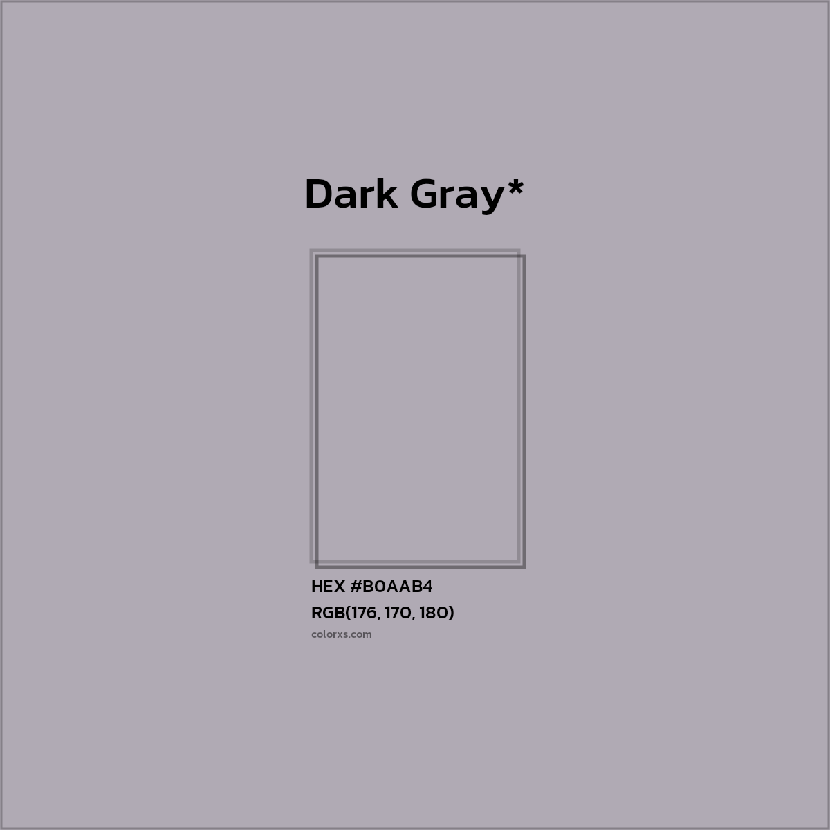 #B0AAB4 hex color. RGB, RYB, CMYK, HSL, HSV codes and color conversions. Matching color names, palettes, paints.