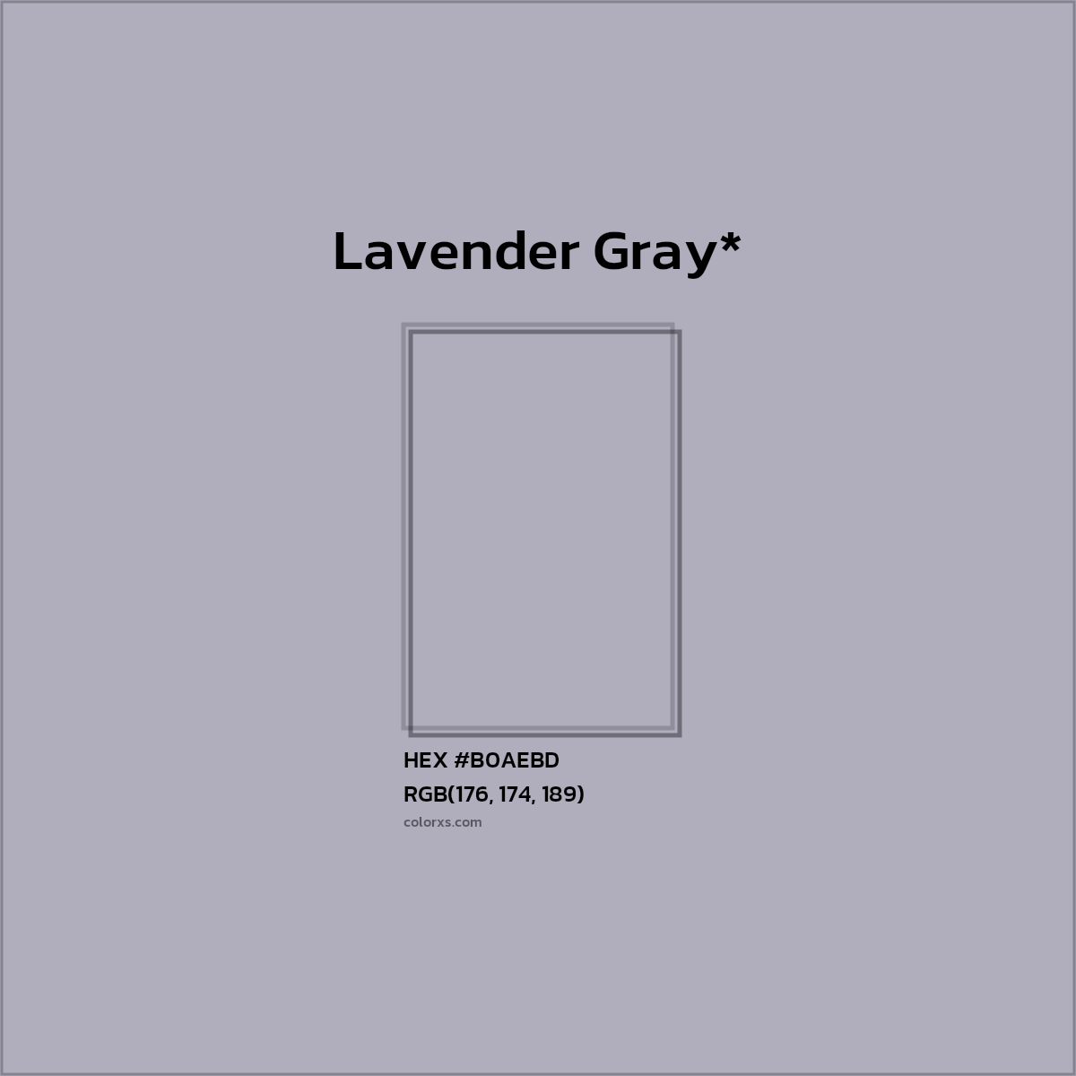 #B0AEBD hex color. RGB, RYB, CMYK, HSL, HSV codes and color conversions. Matching color names, palettes, paints.