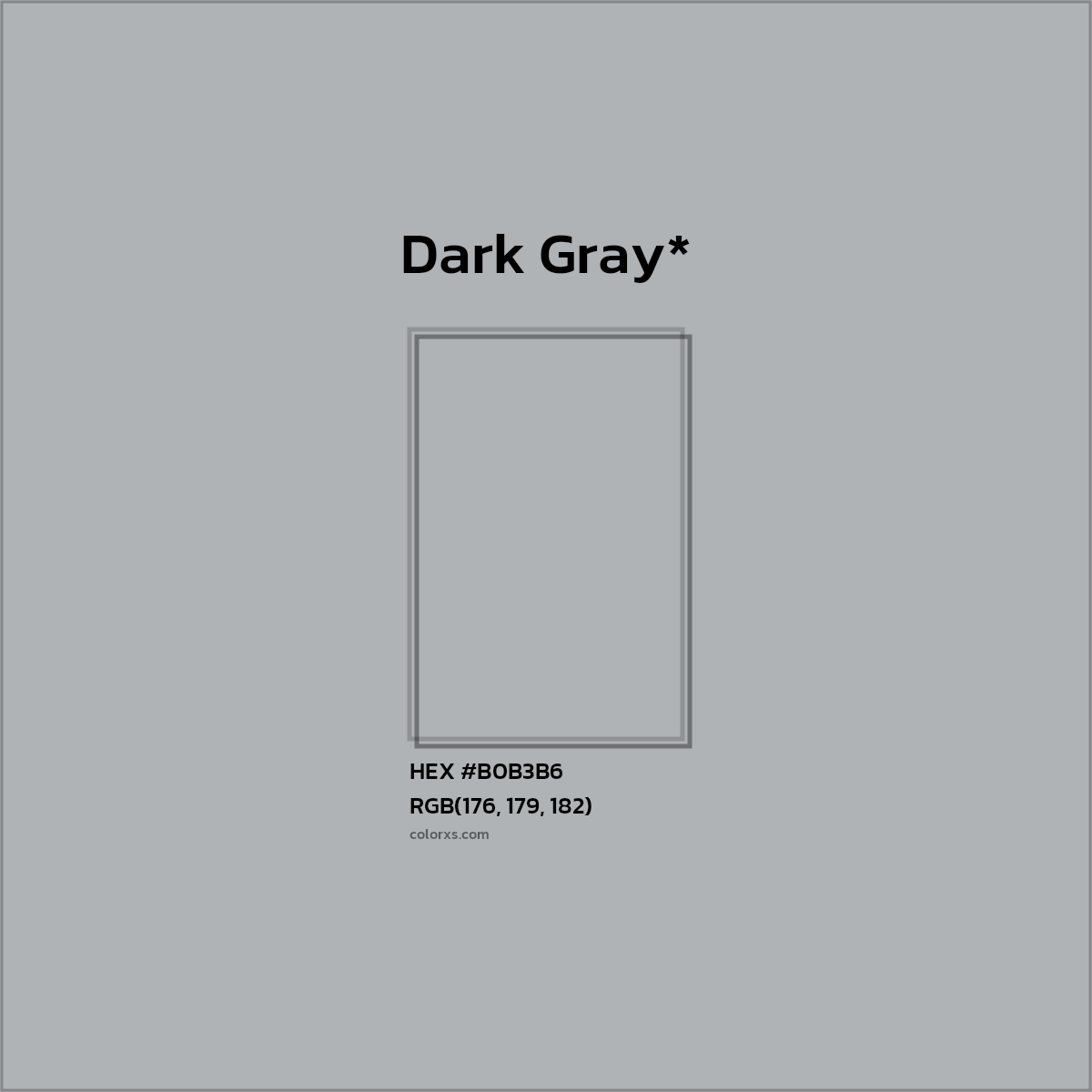 #B0B3B6 hex color. RGB, RYB, CMYK, HSL, HSV codes and color conversions. Matching color names, palettes, paints.