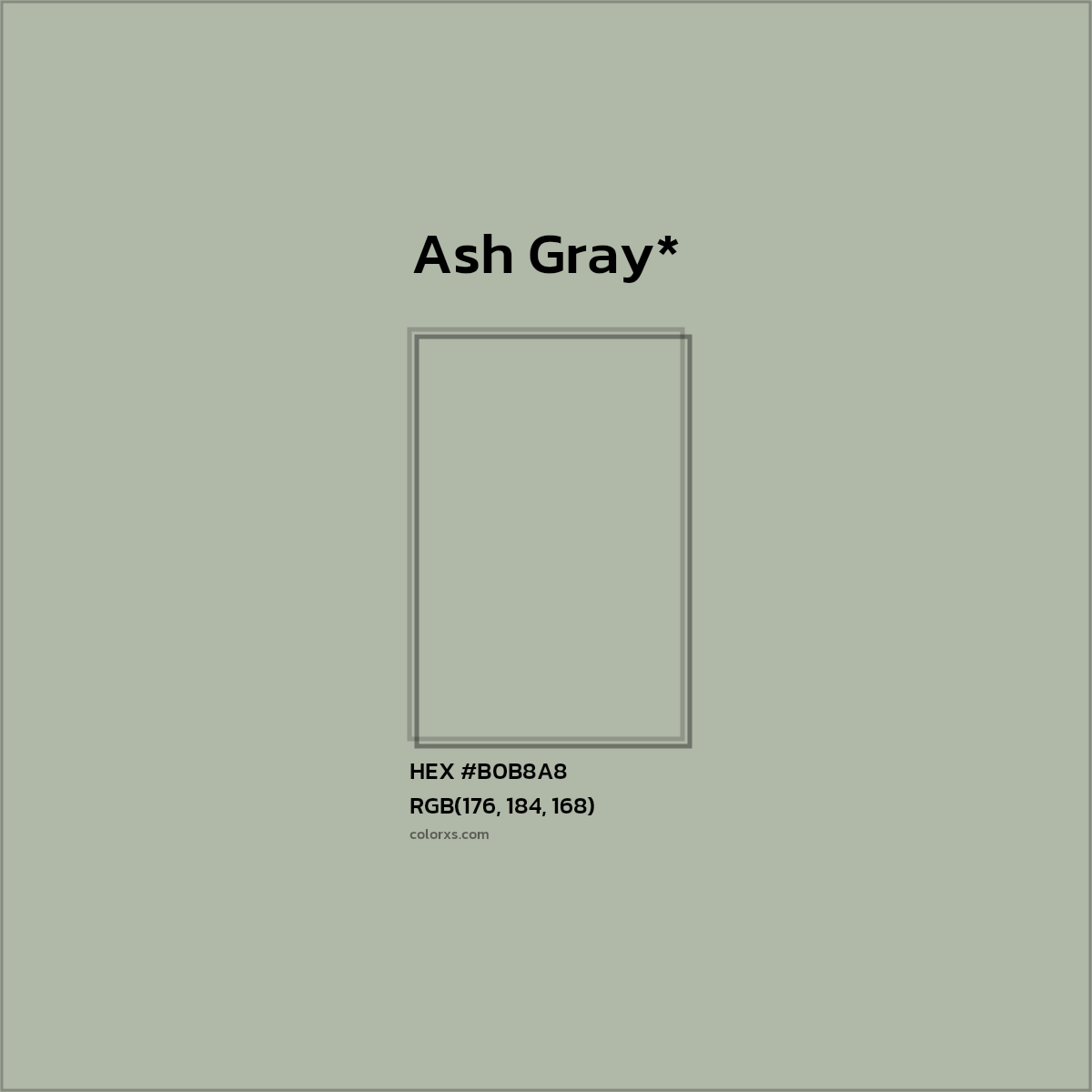 #B0B8A8 hex color. RGB, RYB, CMYK, HSL, HSV codes and color conversions. Matching color names, palettes, paints.