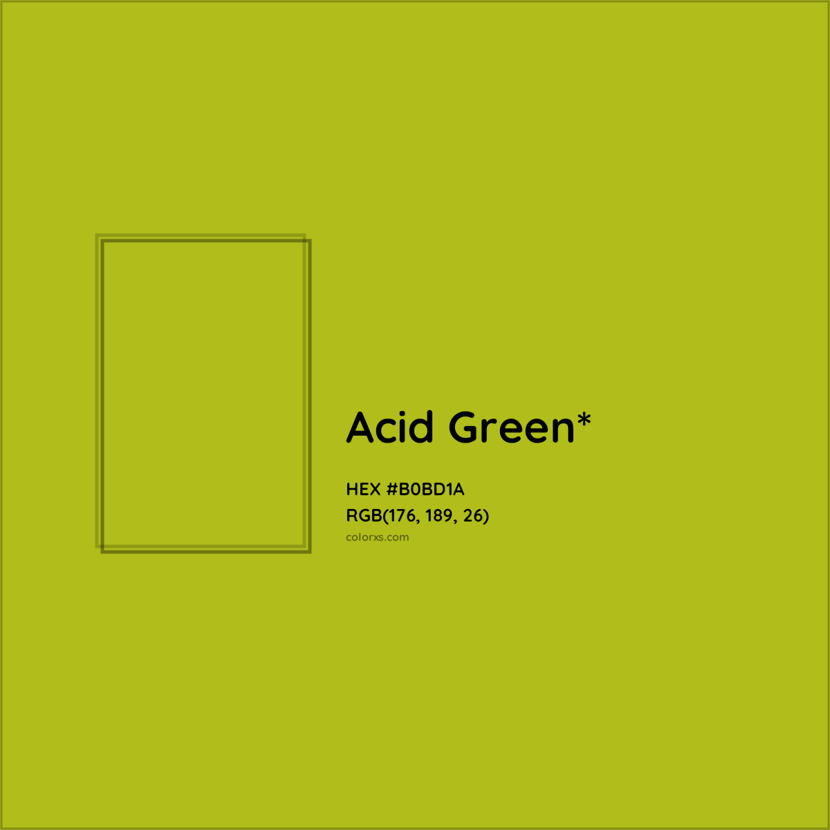 #B0BD1A hex color. RGB, RYB, CMYK, HSL, HSV codes and color conversions. Matching color names, palettes, paints.