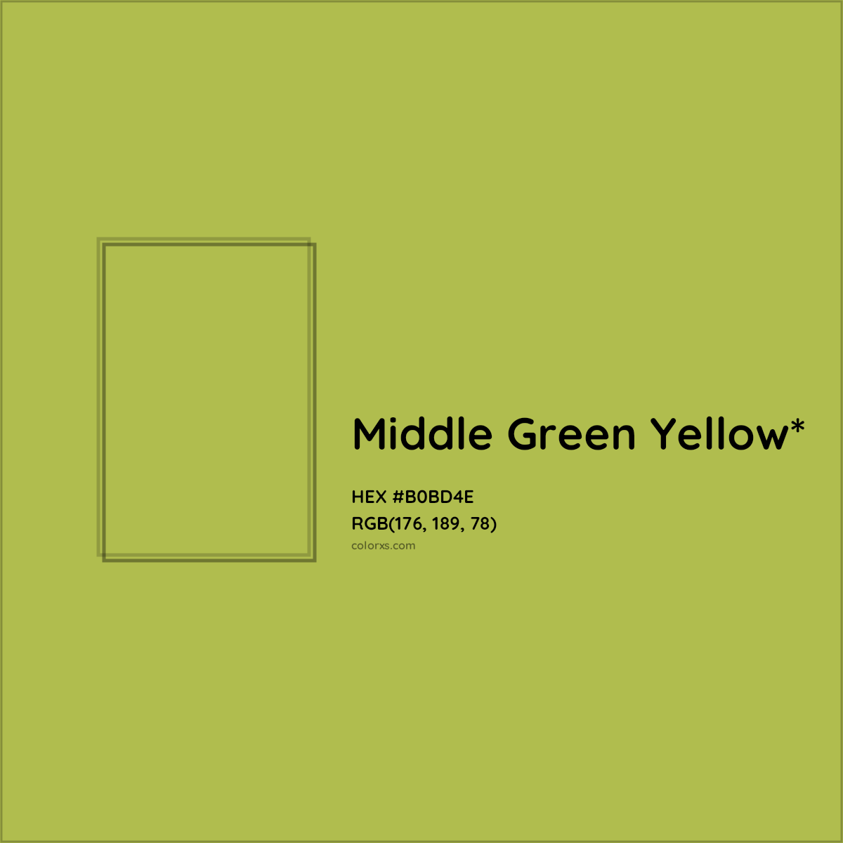 #B0BD4E hex color. RGB, RYB, CMYK, HSL, HSV codes and color conversions. Matching color names, palettes, paints.