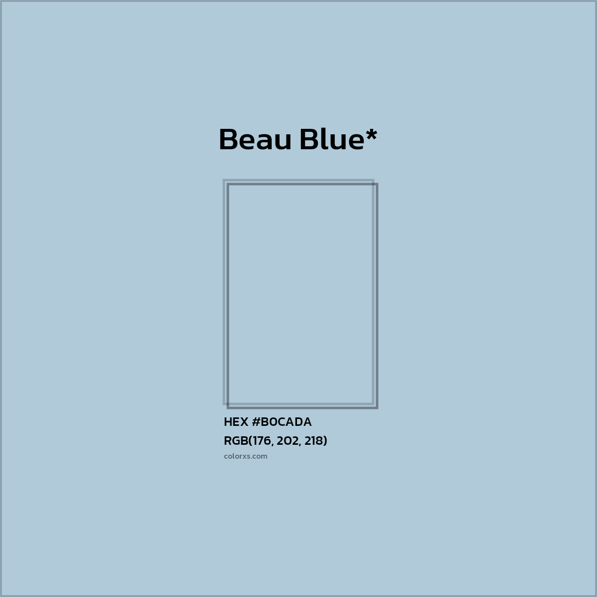 #B0CADA hex color. RGB, RYB, CMYK, HSL, HSV codes and color conversions. Matching color names, palettes, paints.
