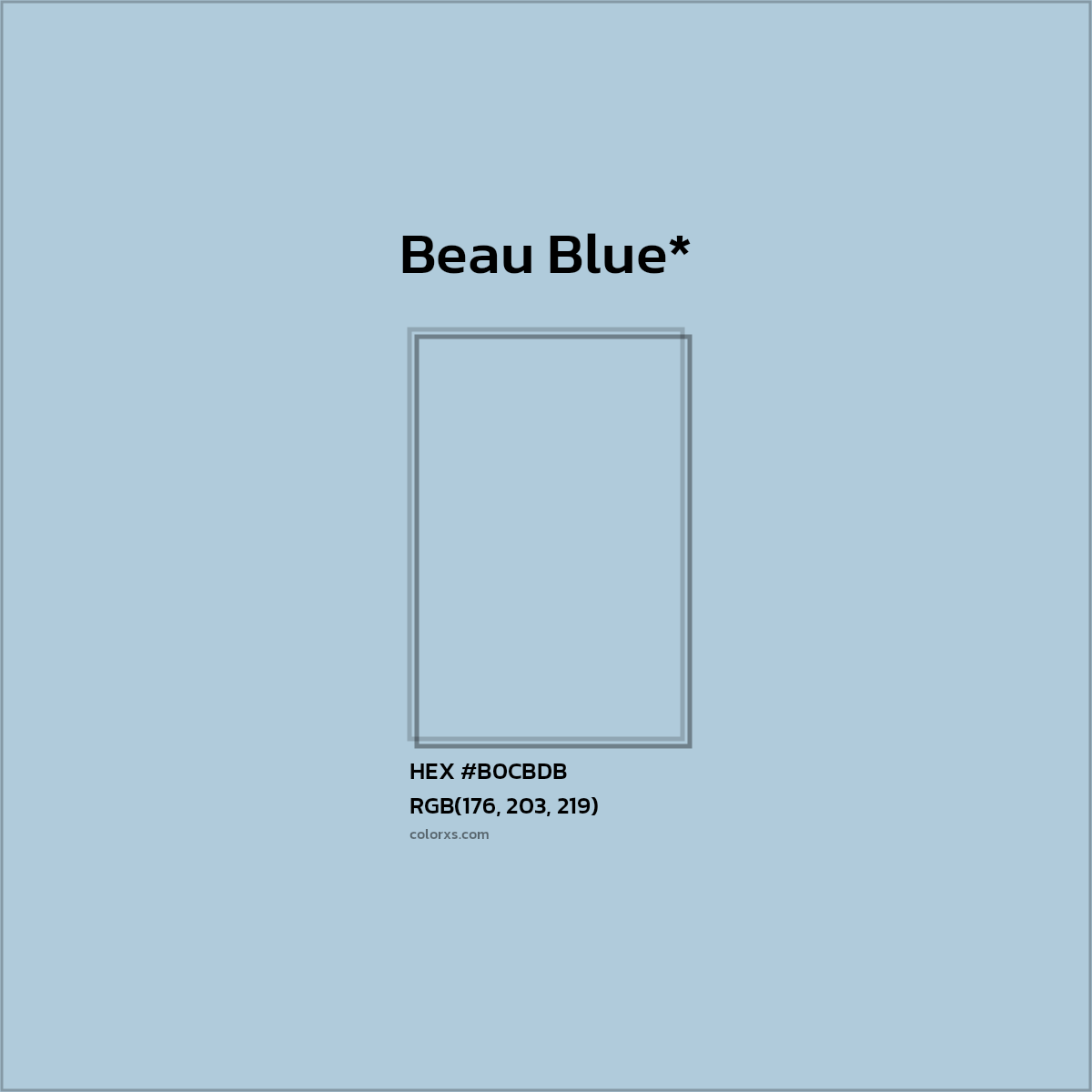 #B0CBDB hex color. RGB, RYB, CMYK, HSL, HSV codes and color conversions. Matching color names, palettes, paints.