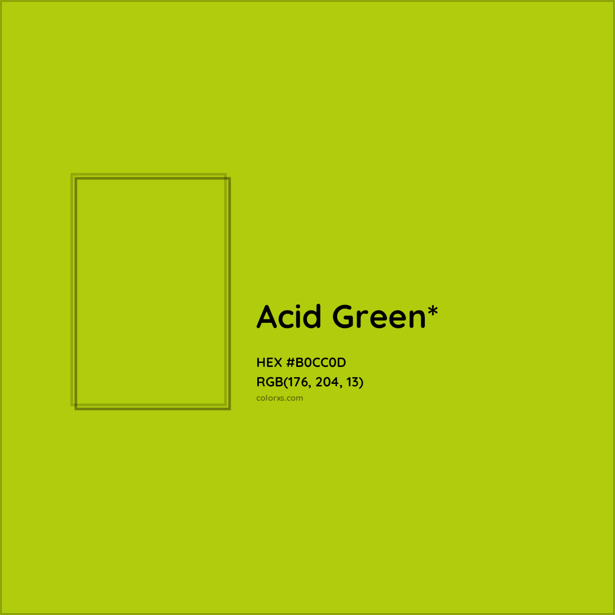 #B0CC0D hex color. RGB, RYB, CMYK, HSL, HSV codes and color conversions. Matching color names, palettes, paints.