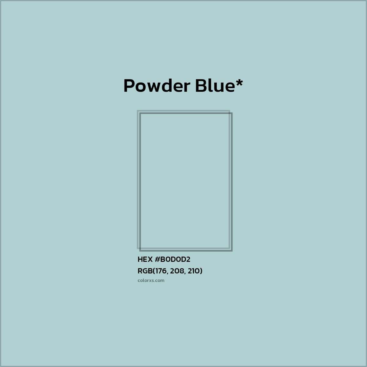 #B0D0D2 hex color. RGB, RYB, CMYK, HSL, HSV codes and color conversions. Matching color names, palettes, paints.