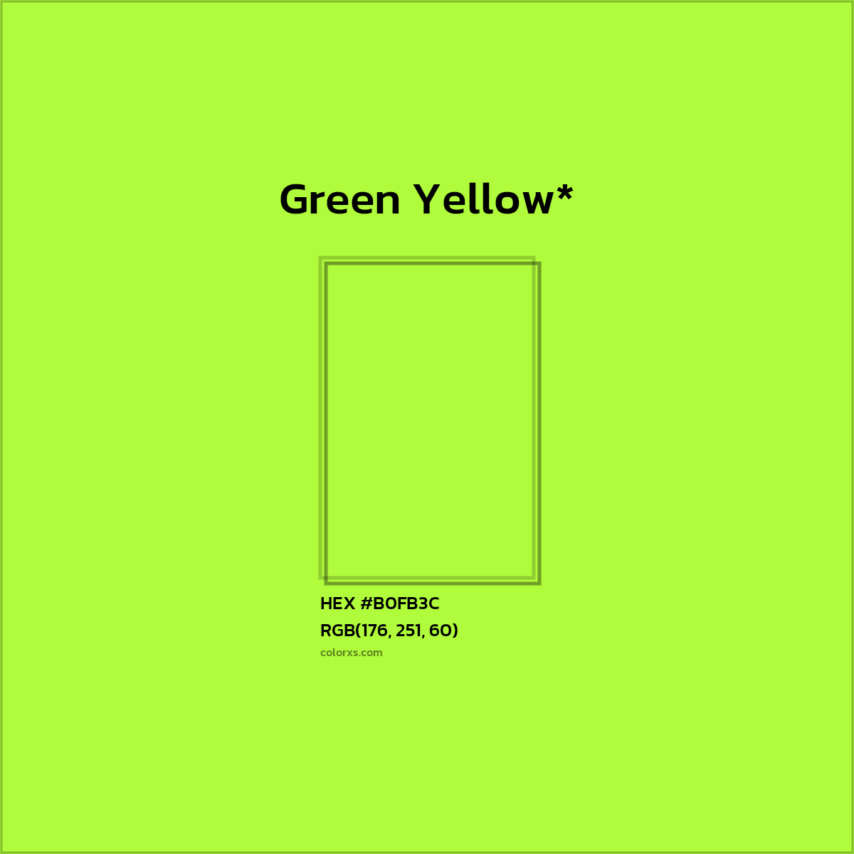 #B0FB3C hex color. RGB, RYB, CMYK, HSL, HSV codes and color conversions. Matching color names, palettes, paints.